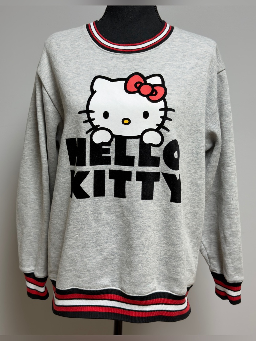 Sanrio Hello Kitty Sweatshirt Gray Crewneck Ringer Graphic Pullover Women M